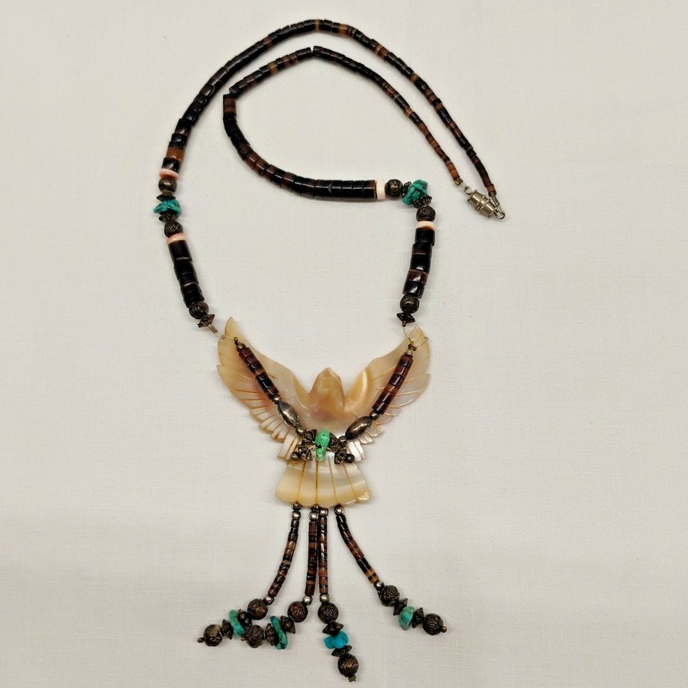 Native American Southwest Hand Carved Mother Of Pearl Eagle Turquoise Necklace - Picture 5 of 10